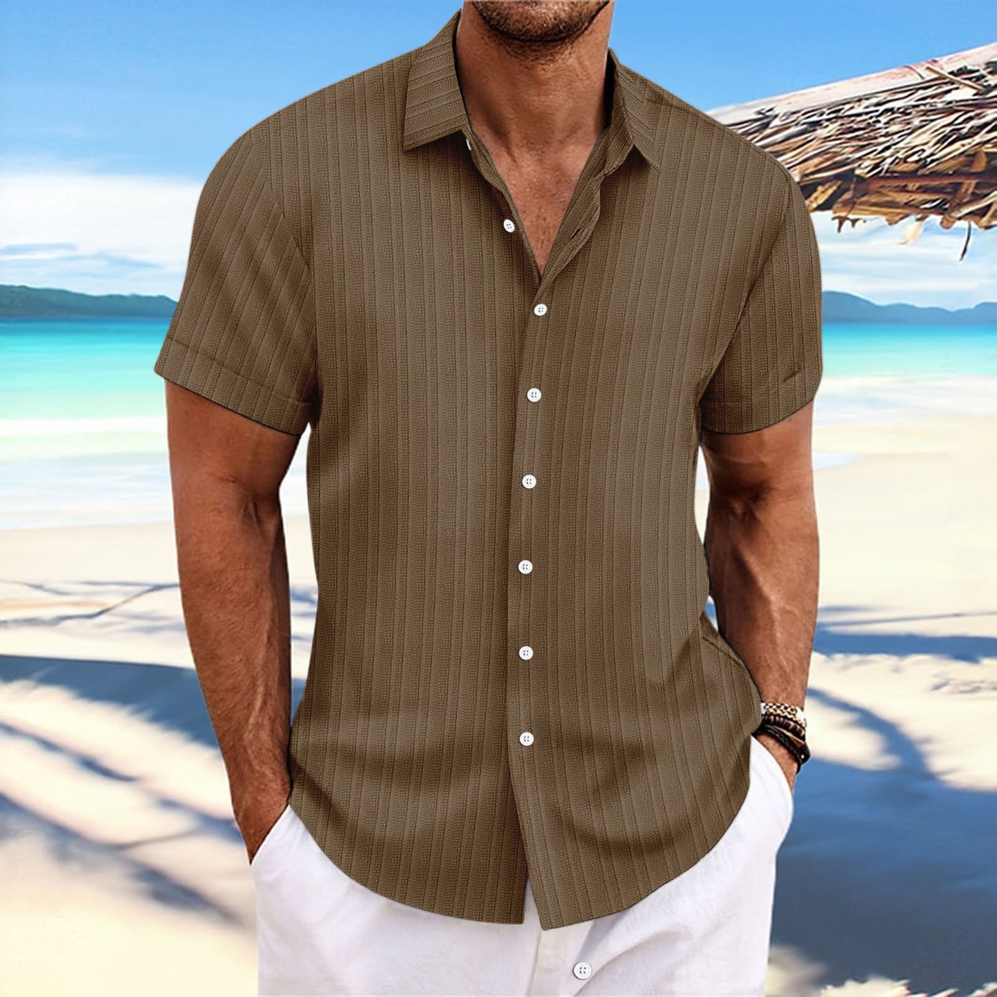 Men's cotton and linen striped jacquard casual loose short sleeved shirt